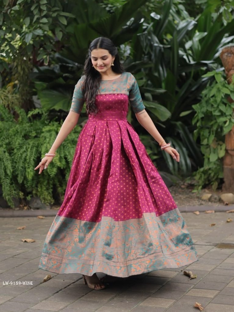 wine banarasi jacquard silk de 1714727545 Wine Banarasi Jacquard Silk Designer Gown