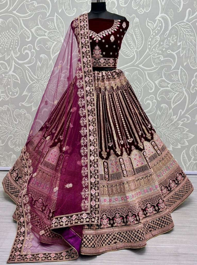 wine celebrity bridal velvet l 1728359709 Wine Celebrity Bridal Velvet Lehenga Choli