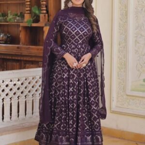 Wine Checks Pattern Georgette Gown with Dupatta
