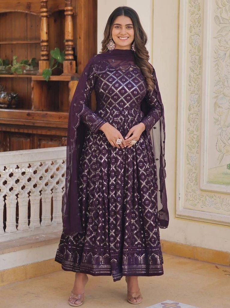 wine checks pattern georgette 1716025698 Wine Checks Pattern Georgette Gown with Dupatta