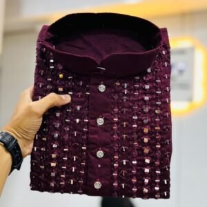 Wine Color Classic real mirror work mens kurta by fab funda