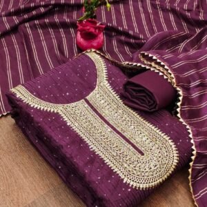 Wine Designer Chanderi Unstitched Suits With Crosset Work