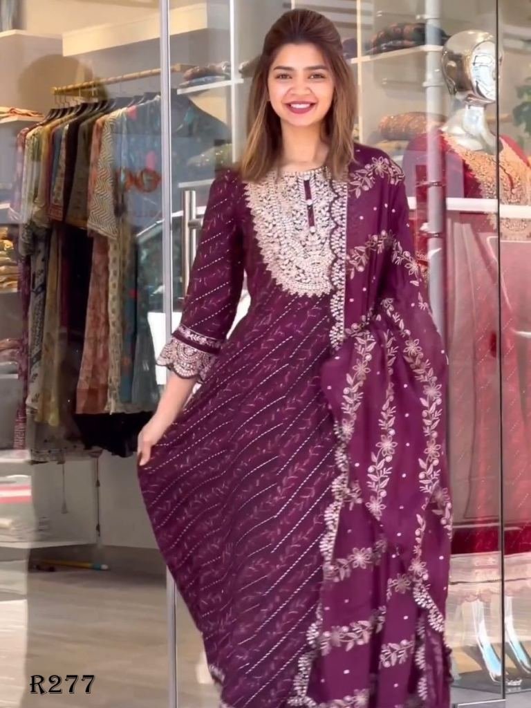 wine digital printed and embro 1725531001 Wine Digital Printed and Embroidery Work Georgette Anarkali Gown