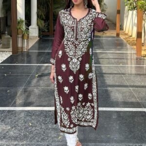 Wine Embroidered Cotton Thread Rayon Palazo Kurtis