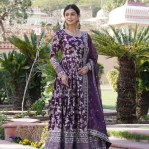 Wine Embroidered Viscose Stitched Gown With Sequence Work