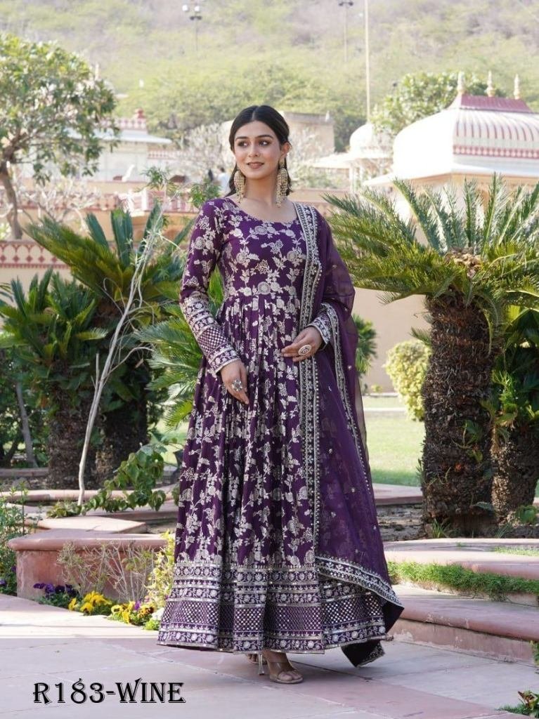 wine embroidered viscose stitc 1721395643 Wine Embroidered Viscose Stitched Gown With Sequence Work