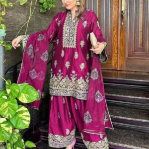 Wine Embroidery Chinon Silk Sequence Kurti Palazzo Set