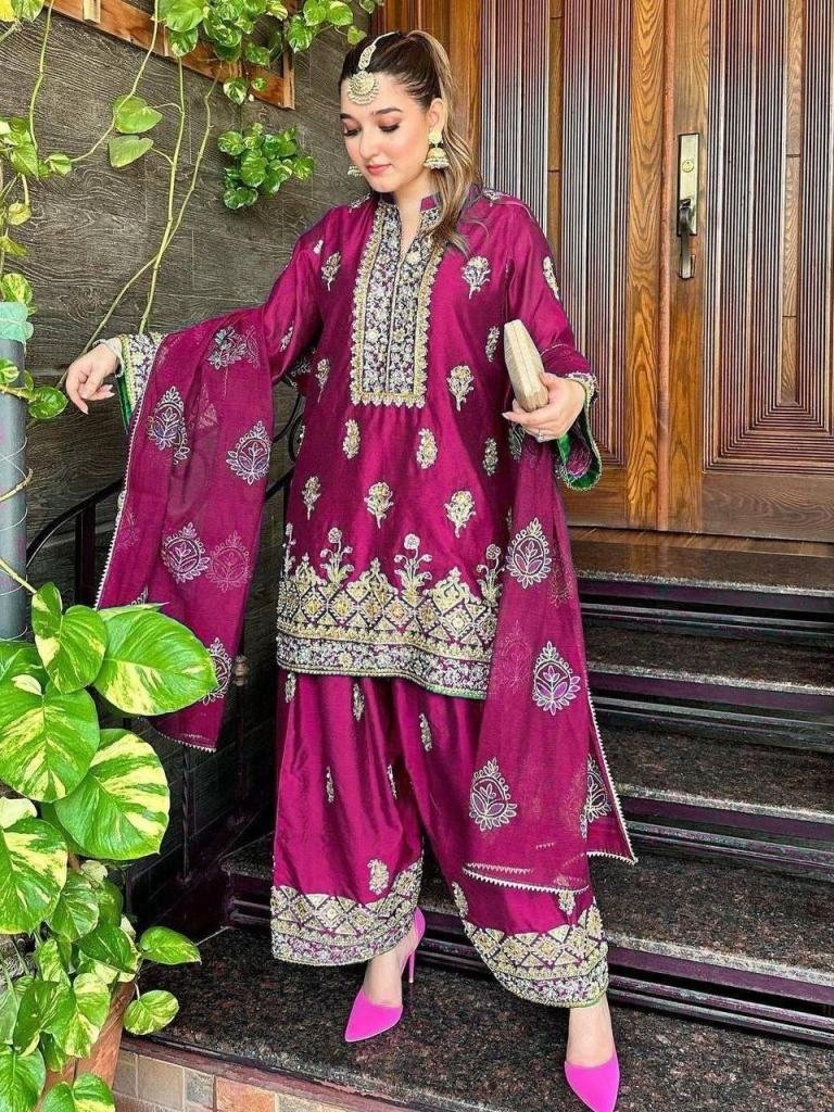 wine embroidery chinon silk se 1747132903 Wine Embroidery Chinon Silk Sequence Kurti Palazzo Set