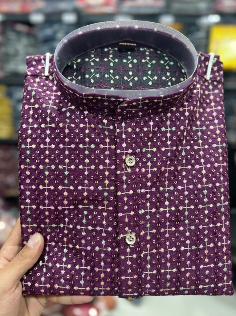 wine embroidery work silk kurt 1728996183 Wine Embroidery Work Silk Kurta And Pyjama
