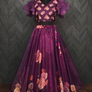 Wine Flower Digital Printed Soft Organza Lehenga