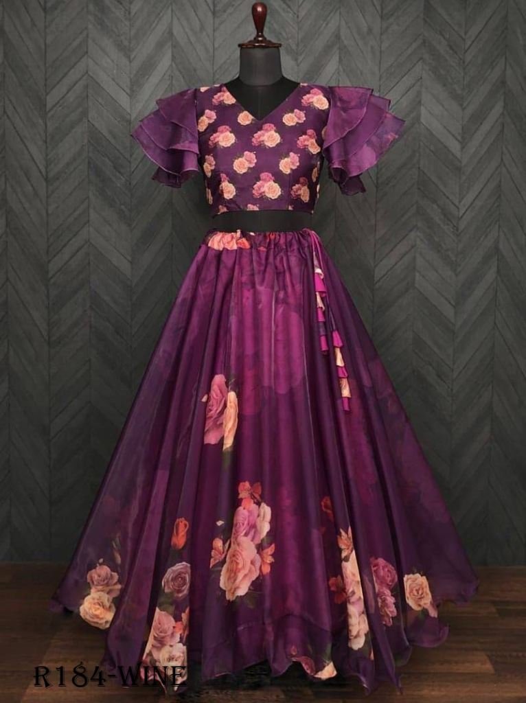 wine flower digital printed so 1721448008 Wine Flower Digital Printed Soft Organza Lehenga