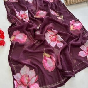 Wine Flower Printed And Handwork Soft Georgette Saree With Silk Blouse
