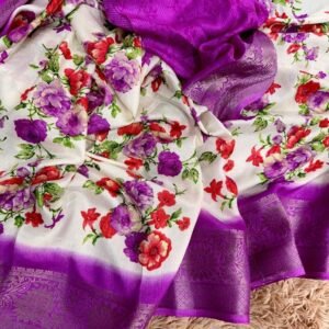 Wine Flower Printed Dola Silk Saree With Jacquard Border