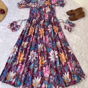Wine Flower Printed Soft Muslin V Neck Western Kurti With Puff Sleeve