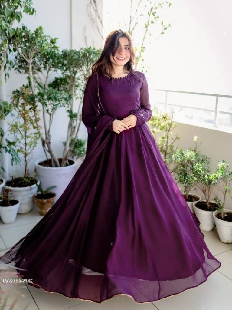 wine full cuff sleeve sequins 1715072793 Wine Full Cuff Sleeve Sequins Embroidered Gown With Lace Border