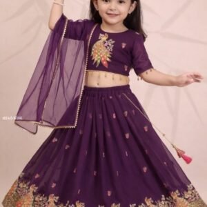 Wine Georgette Embroidered Lehenga For Kids