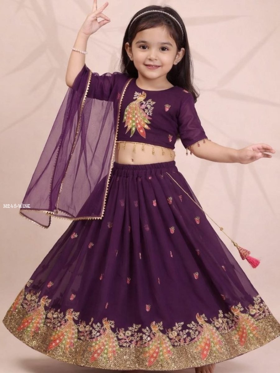 wine georgette embroidered leh 1778056445 Wine Georgette Embroidered Lehenga For Kids