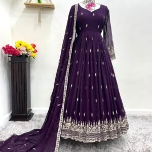 Partywear Wine Georgette Anarkali Gown Dupatta