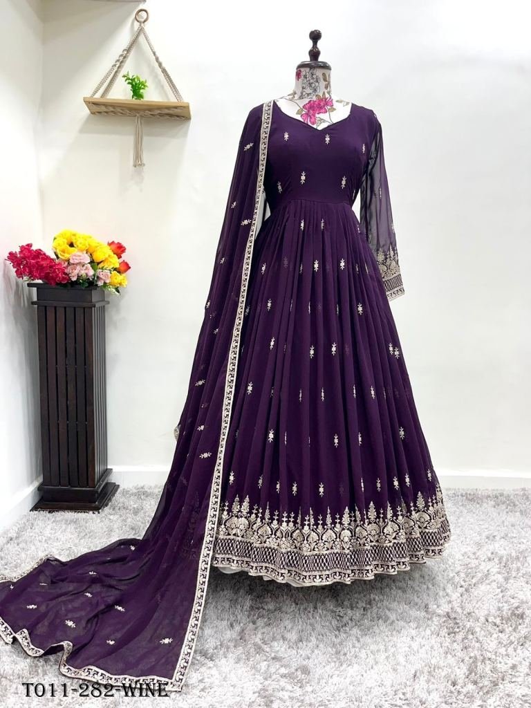 wine georgette neat finish wit 1717755814 Partywear Wine Georgette Anarkali Gown Dupatta
