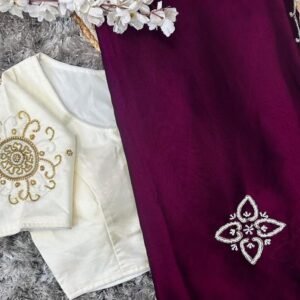 Wine Handcrafted Malai Silk Saree With Handwork Stitched Blouse