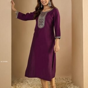 Wine Kurti Pant Set With Embroidery Detailing