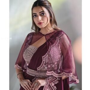 Wine Mirror Work Ready To Wear Saree With Blouse By Mohmanthan 24600