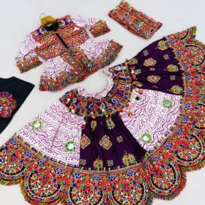 Wine Navratri Traditional 4PC Kids Lehenga Set With Kedia And Cap