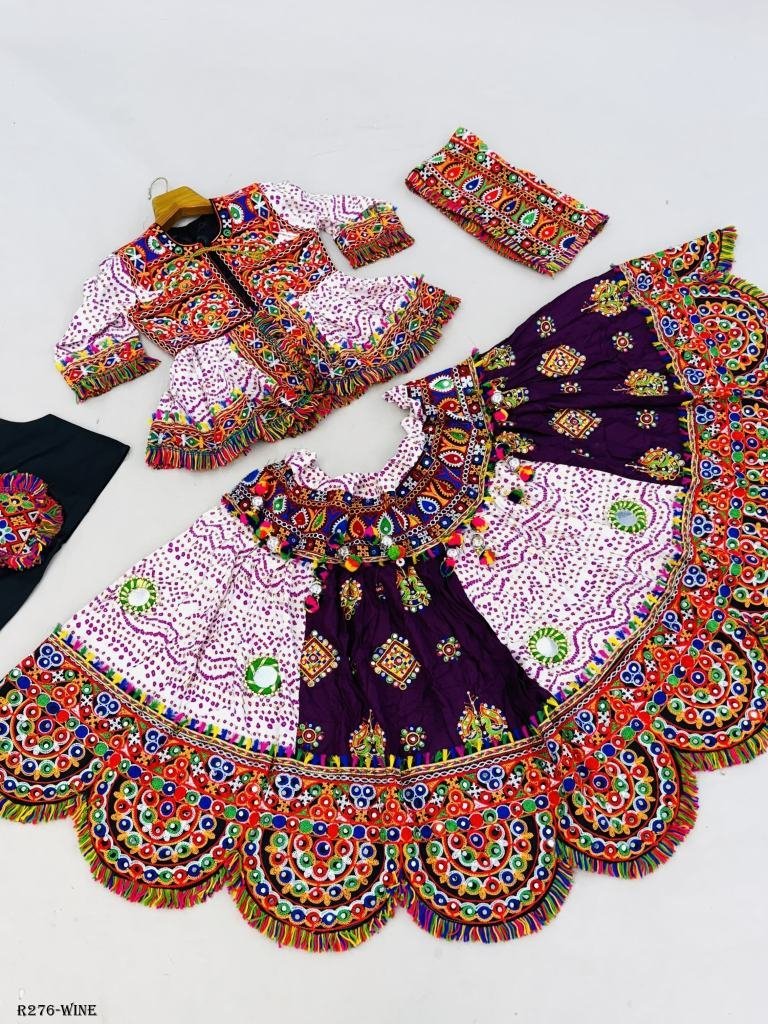 wine navratri traditional 4pc 1725528162 Wine Navratri Traditional 4PC Kids Lehenga Set With Kedia And Cap