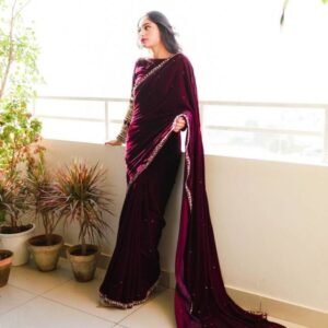 Wine Party Wear Heavy Embroidery Work Pure Velvet Saree
