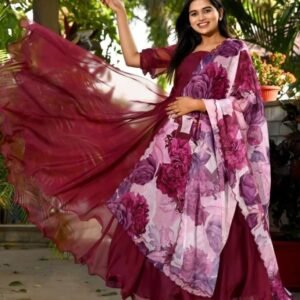 Wine Plain Readymade Tebby Silk Gown With Printed Dupatta