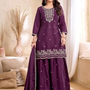 Wine Premium Chinon Embroidered Palazzo Suit