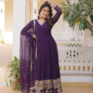 Wine Readymade Sequins Faux Blooming Gown with Dupatta