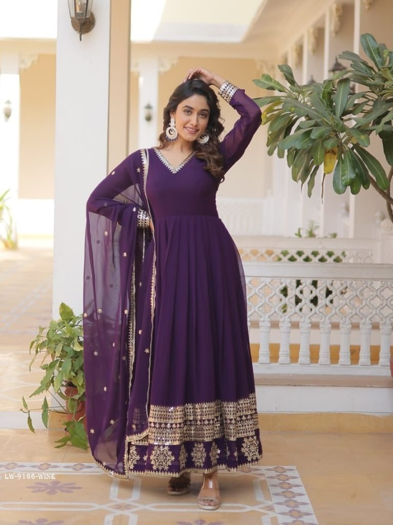 wine readymade sequins faux bl 1714813249 Wine Readymade Sequins Faux Blooming Gown with Dupatta