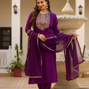 Wine Soft Rayon Embroidery Kurti Pant Dupatta Set