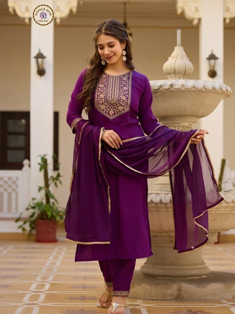 wine soft rayon embroidery kur 1748860848 Wine Soft Rayon Embroidery Kurti Pant Dupatta Set