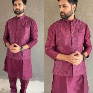 Wine Stylish Banglori Silk Men Kurta Pant With Koti