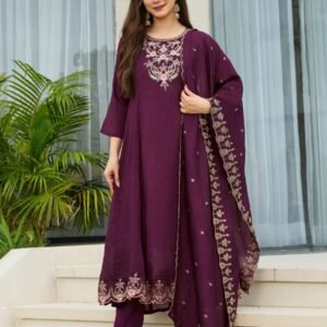 Wine Vichitra Silk Embroidered ALine Kurta with Pant And Dupatta Sets