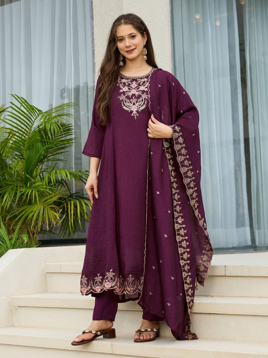 wine vichitra silk embroidered 1775218371 Wine Vichitra Silk Embroidered ALine Kurta with Pant And Dupatta Sets