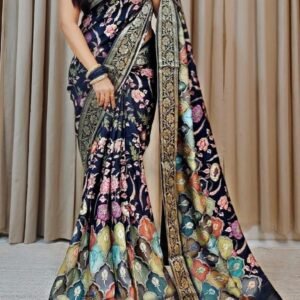 Women Beautiful Blue Pure Dola Silk Saree