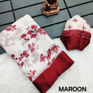 Women Chiffon Maroon Saree With Floral Print