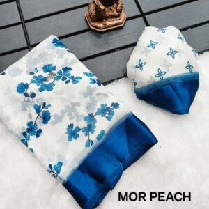 Women Chiffon Blue Saree With Floral Print