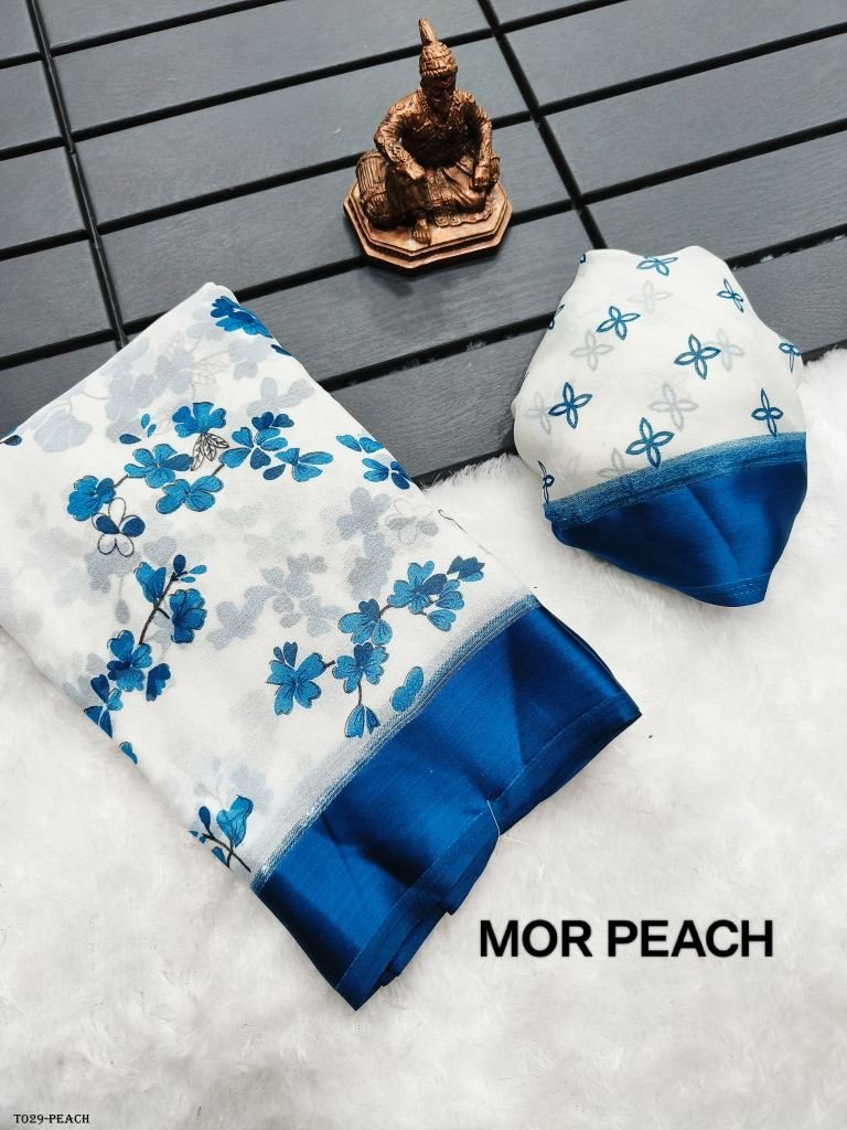 women chiffon peach saree with 1718017251 Women Chiffon Blue Saree With Floral Print