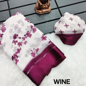 Women Chiffon Wine Saree With Floral Print