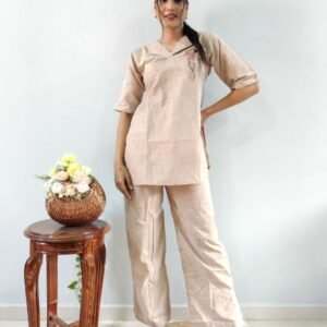 Women Embroidery Linen Cream Co ord Set