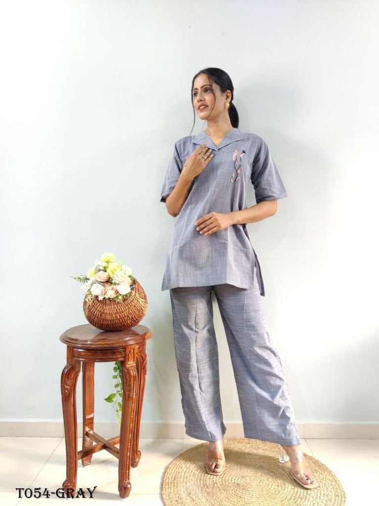 women embroidery linen gray co 1718186056 Embroidery Women Linen Gray Co ord Set