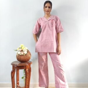 Women Embroidery Linen Pink Co ord Set