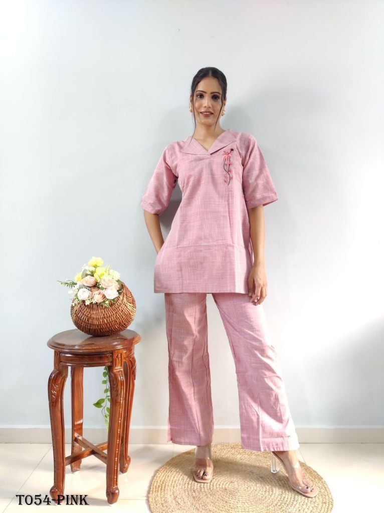 women embroidery linen pink co 1718185552 Women Embroidery Linen Pink Co ord Set