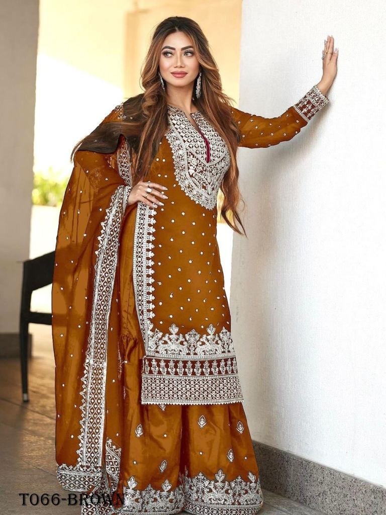 women georgette ready to wear 1718271182 Elegant Stitched Brown Sharara Suit