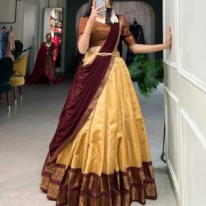 Women Kanchipuram Silk Cream Lehenga Choli With Brown Dupatta