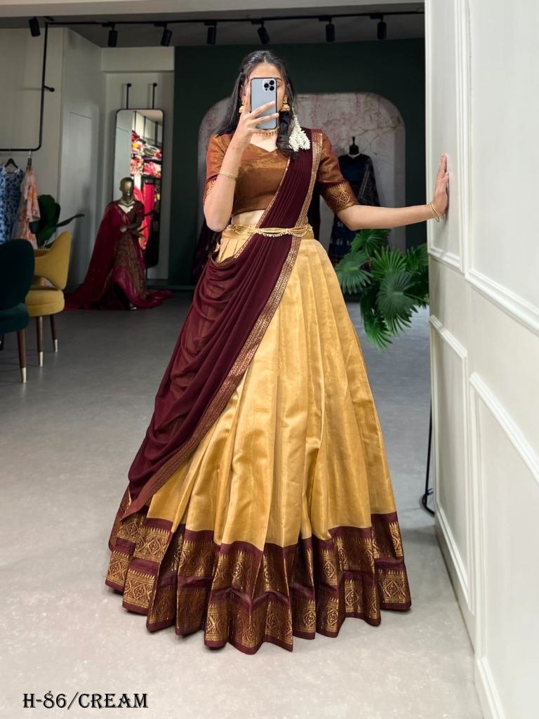 women kanchipuram silk cream l 1725014976 Women Kanchipuram Silk Cream Lehenga Choli With Brown Dupatta